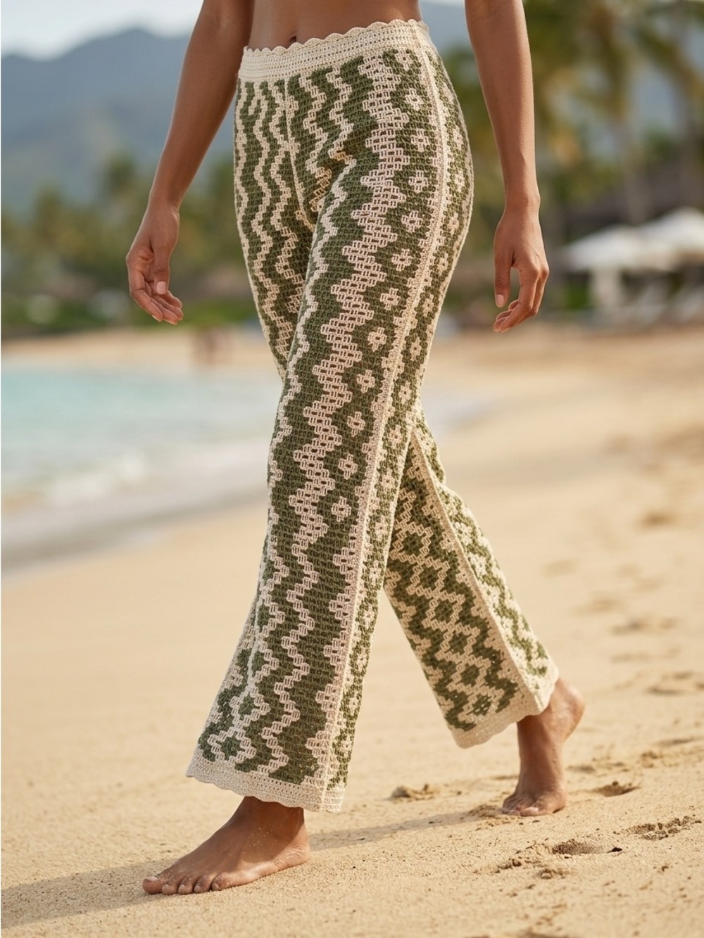 RD Style Olive Crochet BoHo Wide-Leg Pants with Cream Zigzag Size S
